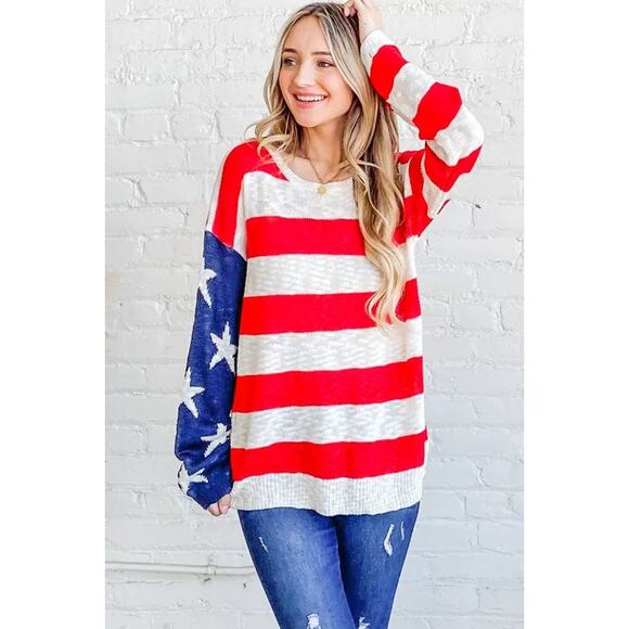 And The Why American Flag Pattern Long Sleeves Oversized Pullover Sweater | Red - Picture 3 of 9